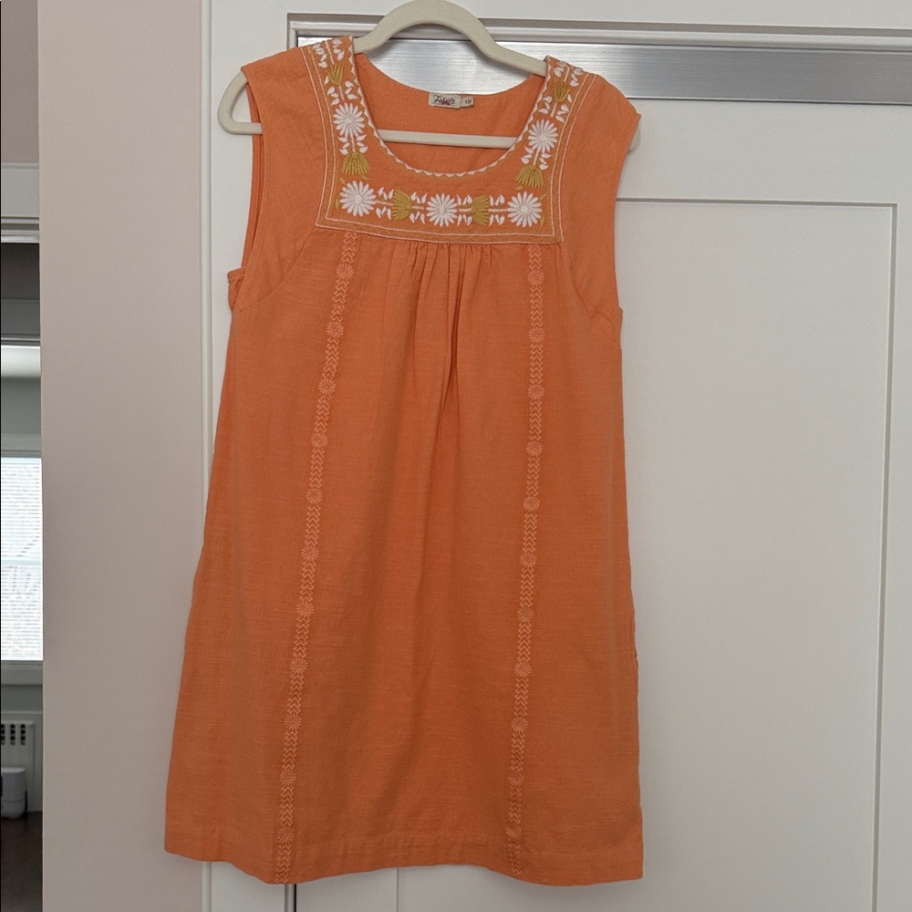 Faherty Orange Floral Embroidered Mini Luna Cotton Dress